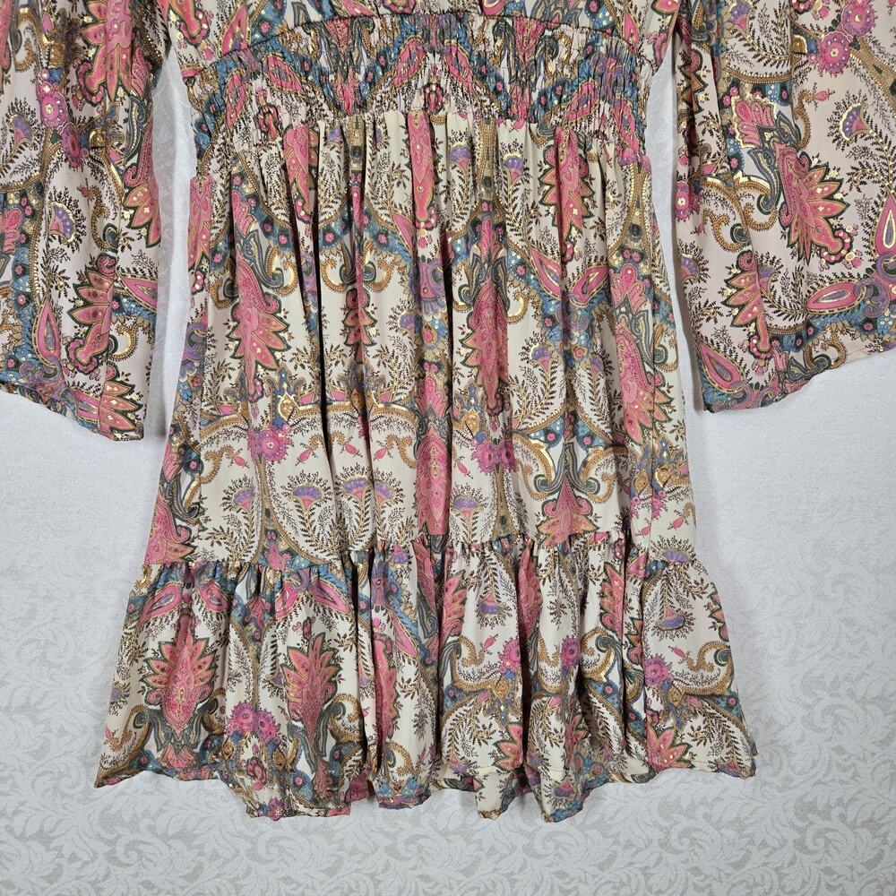 Paani Dress L Pink Paisley Smocked Bell Sleeve Boho Glam Ruffle - Picture 5 of 13